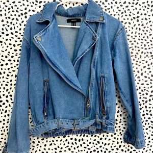 Denim jean jacket with buckle strap